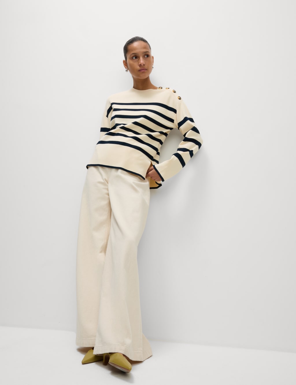 M&S Collection Women's Striped Crew Neck Fitted Jumper - XS - Ecru, Ecru