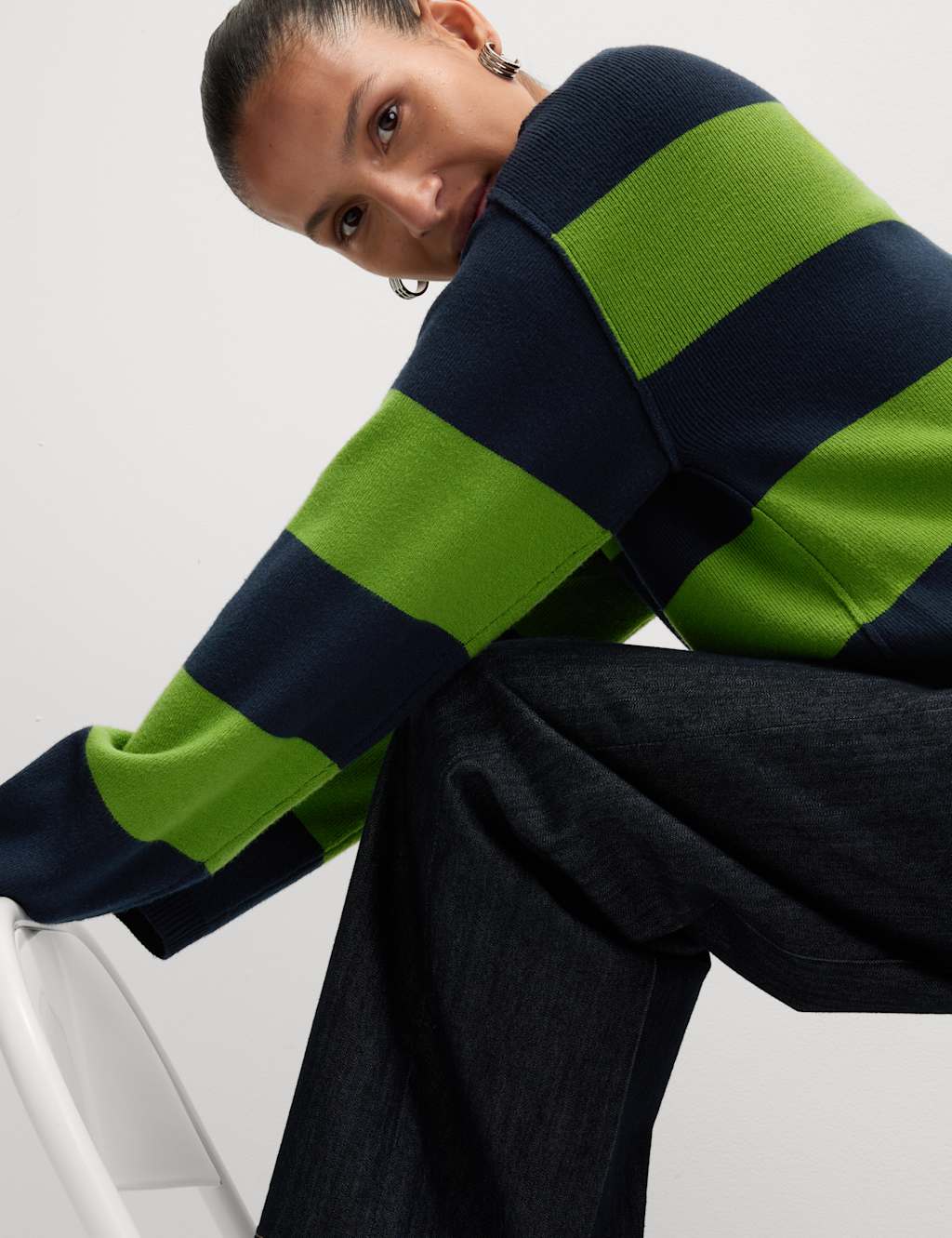 M&S Soft Touch Striped Crew Neck Jumper Green