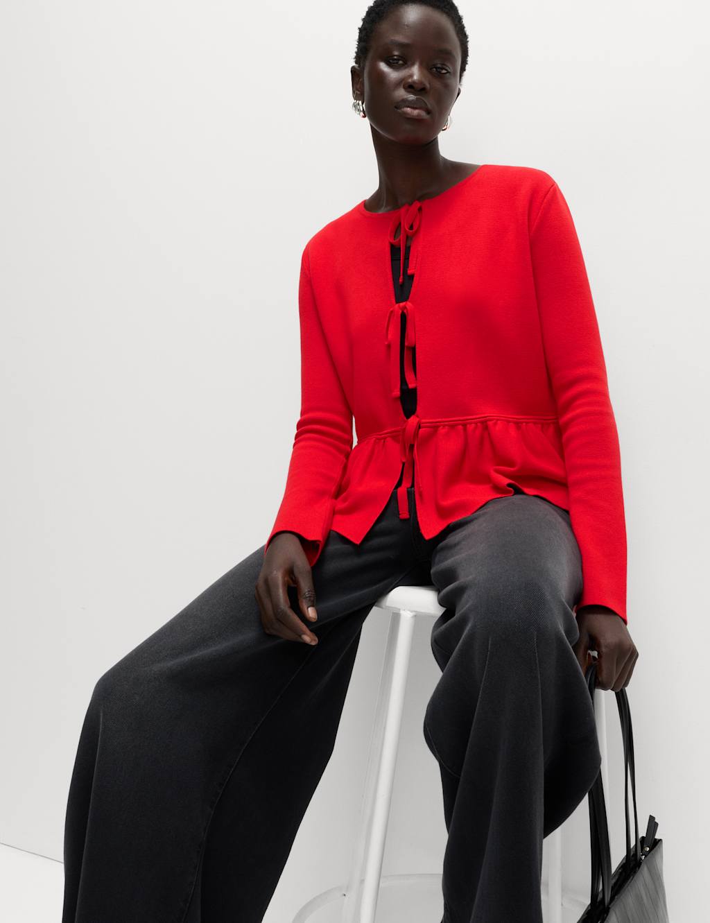 M&S Ribbed Crew Neck Cardigan Red