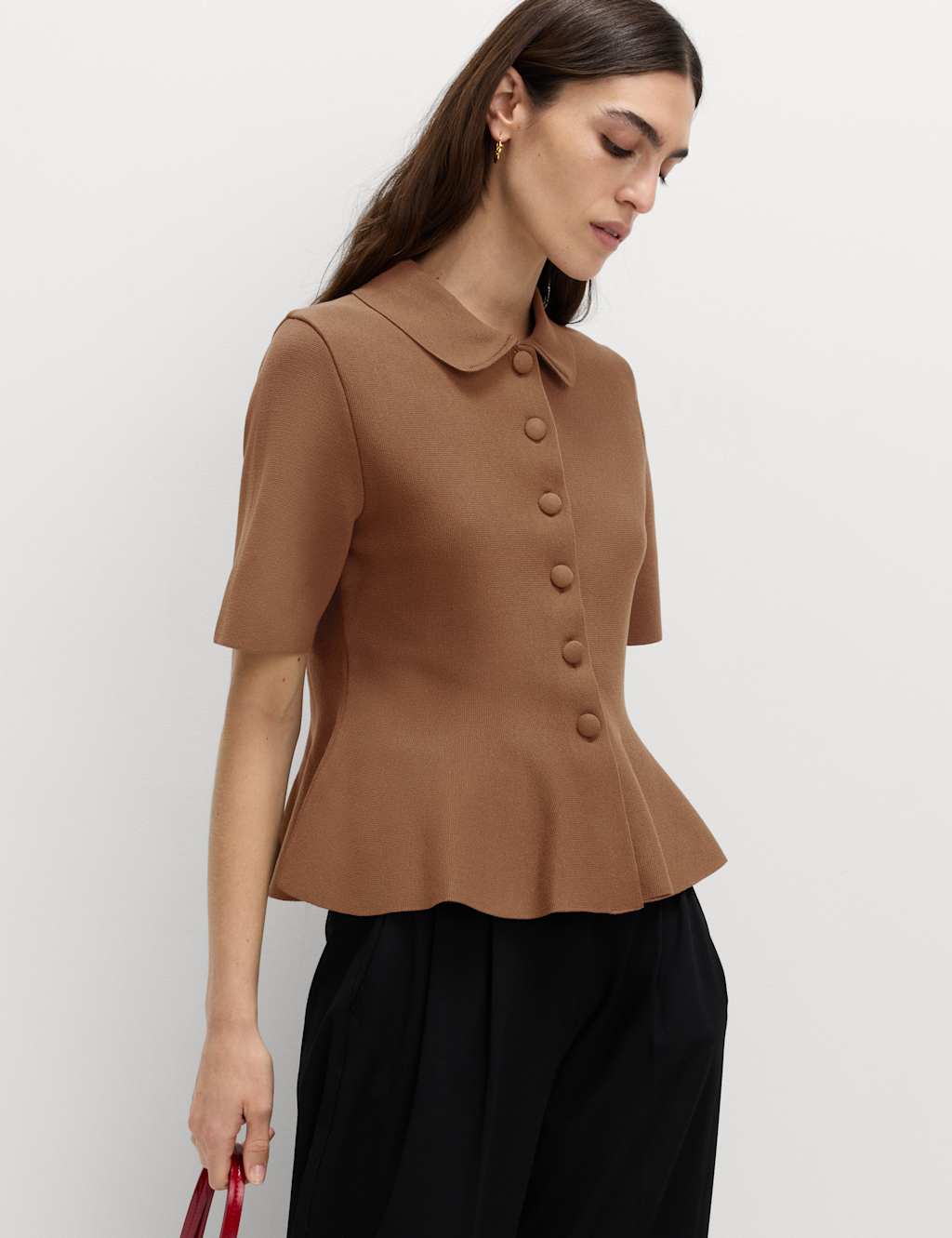 M&S Peplum Collared Button Through Knitted Top Toffee