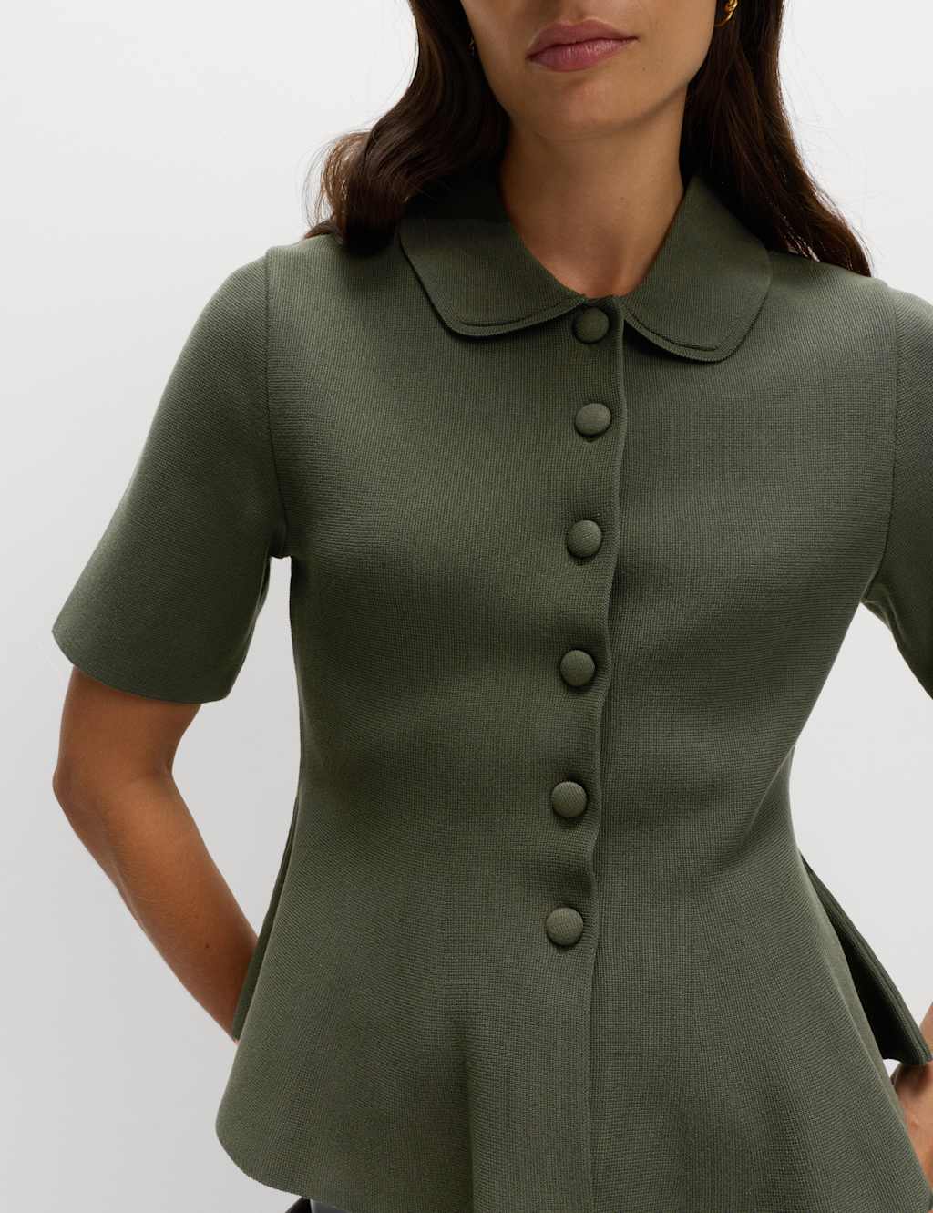 M&S Peplum Collared Button Through Knitted Top Dark Khaki