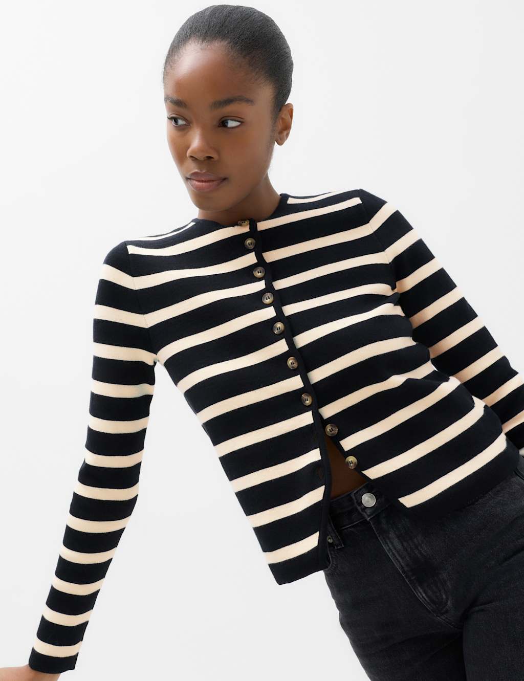 M&S Women's Cotton Rich Striped Slim Fit Cardigan - Medium - Black Mix