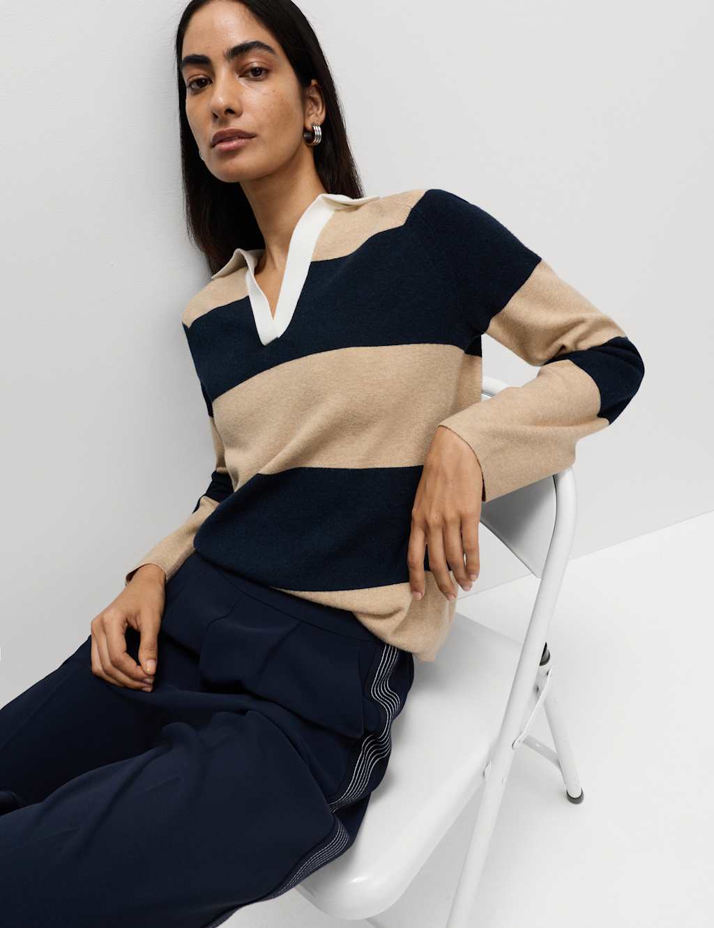 M&S Soft Touch Striped Knitted Rugby Top Camel