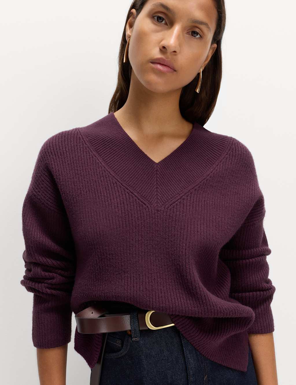 M&S Ribbed V-Neck Relaxed Jumper Dark Grape