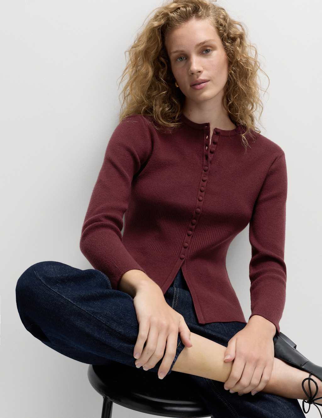 M&S Soft Touch Crew Neck Peplum Fitted Cardigan Dark Burgundy