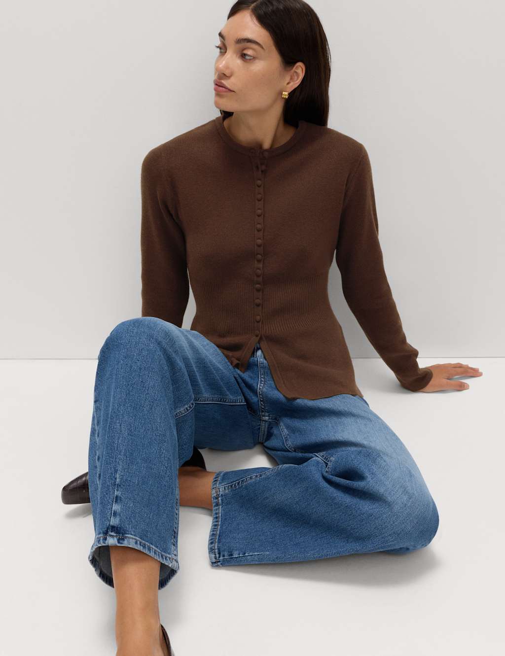 M&S Soft Touch Crew Neck Peplum Fitted Cardigan Dark Chocolate