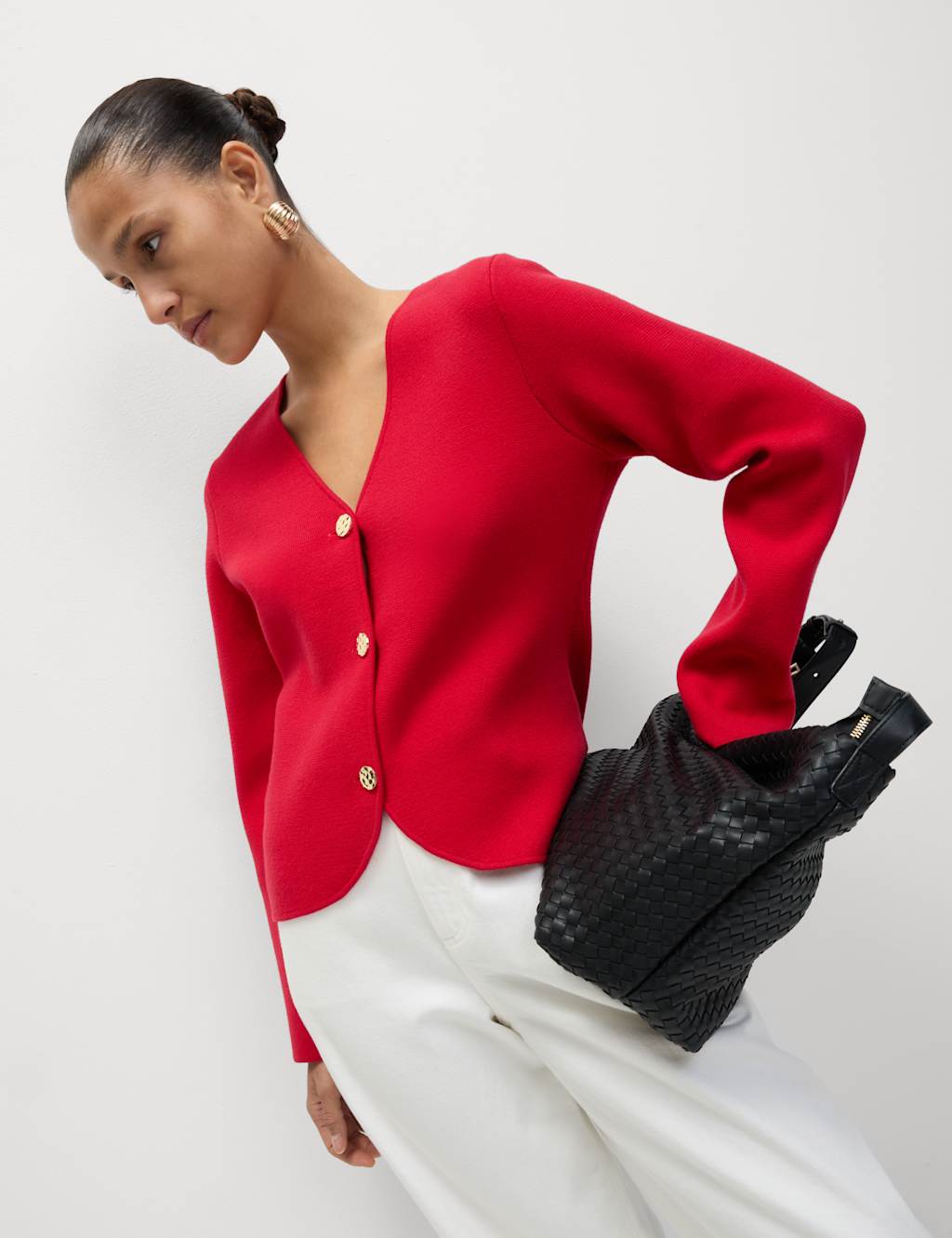 M&S Soft Touch V-Neck Waisted Knitted Jacket Lacquer Red