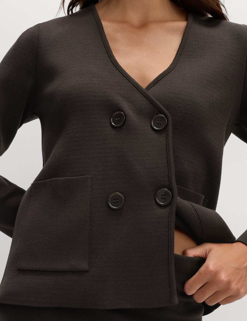 M&S Soft Touch Double Breasted Knitted Jacket Bitter Chocolate