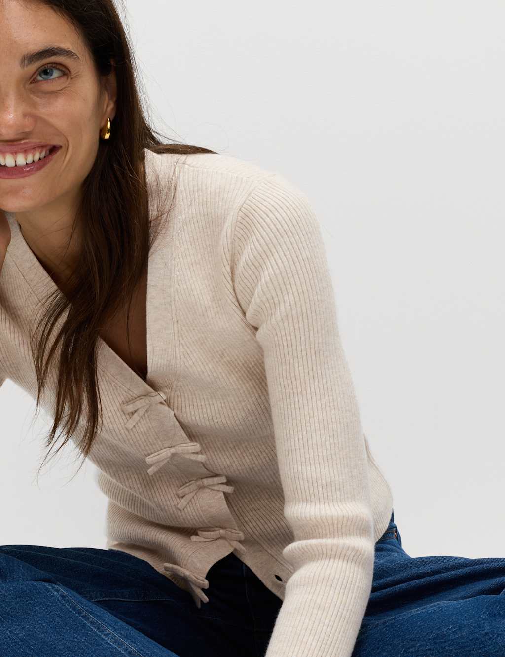 M&S Ribbed V-Neck Bow Detail Cardigan Oatmeal