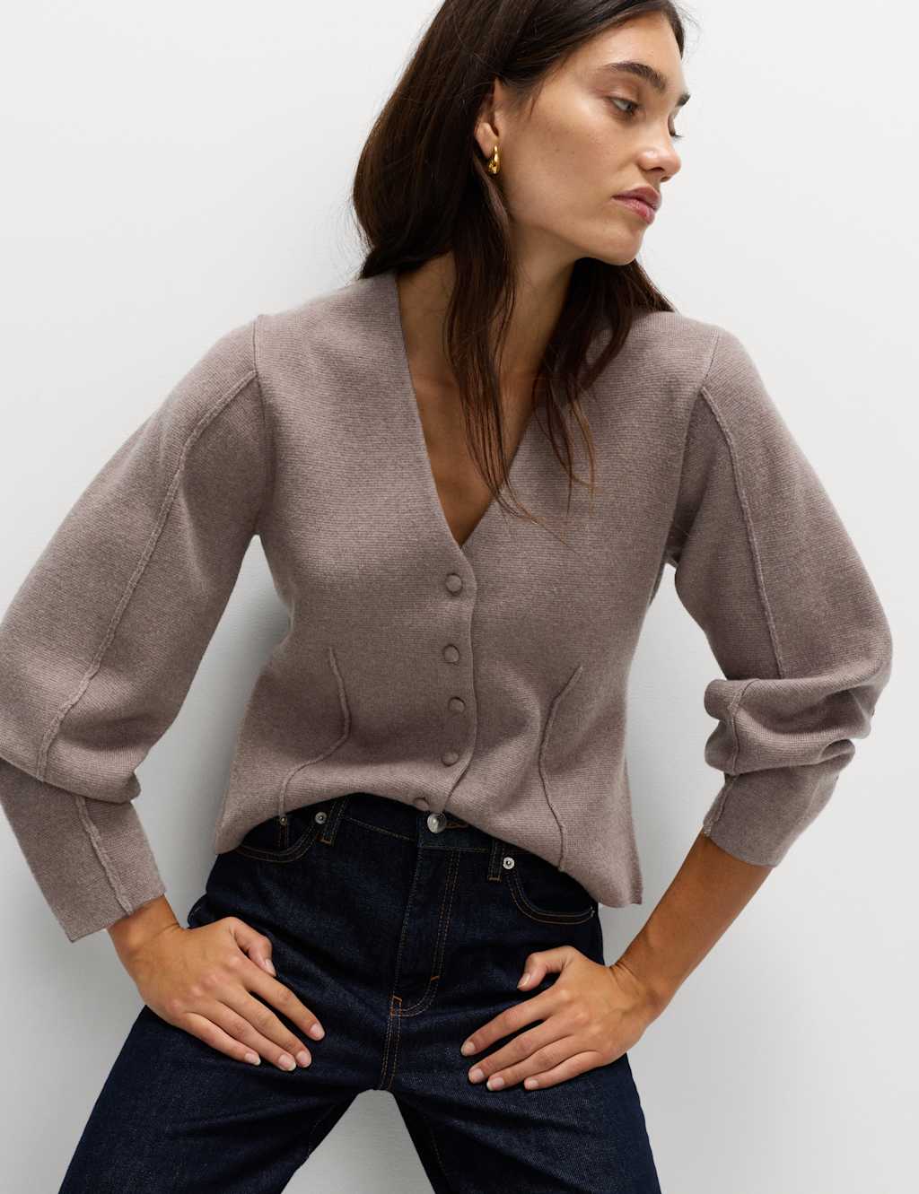 M&S V-Neck Waisted Slim Fit Cardigan Nutmeg