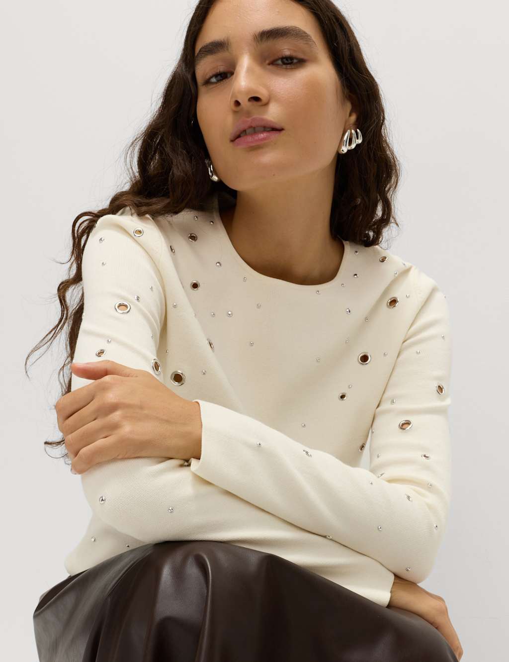 M&S Eyelet Detail Crew Neck Jumper Ivory