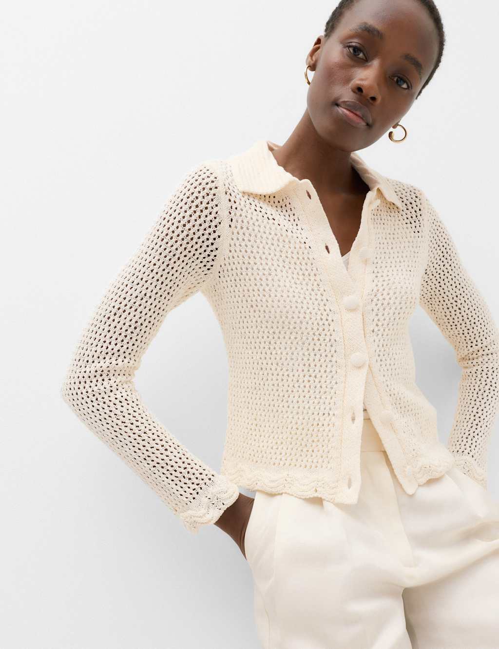 M&S Women's Cotton Blend Crochet-Style Collared Cardigan - Medium - Neutral