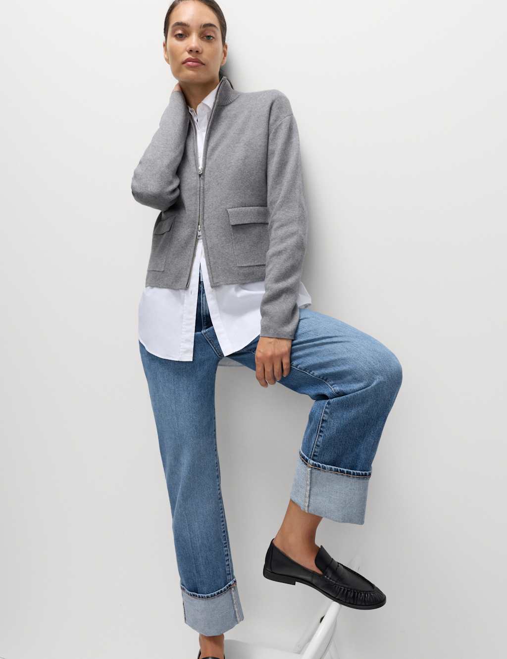 M&S Soft Touch Zip Up Funnel Neck Knitted Jacket Mid Grey