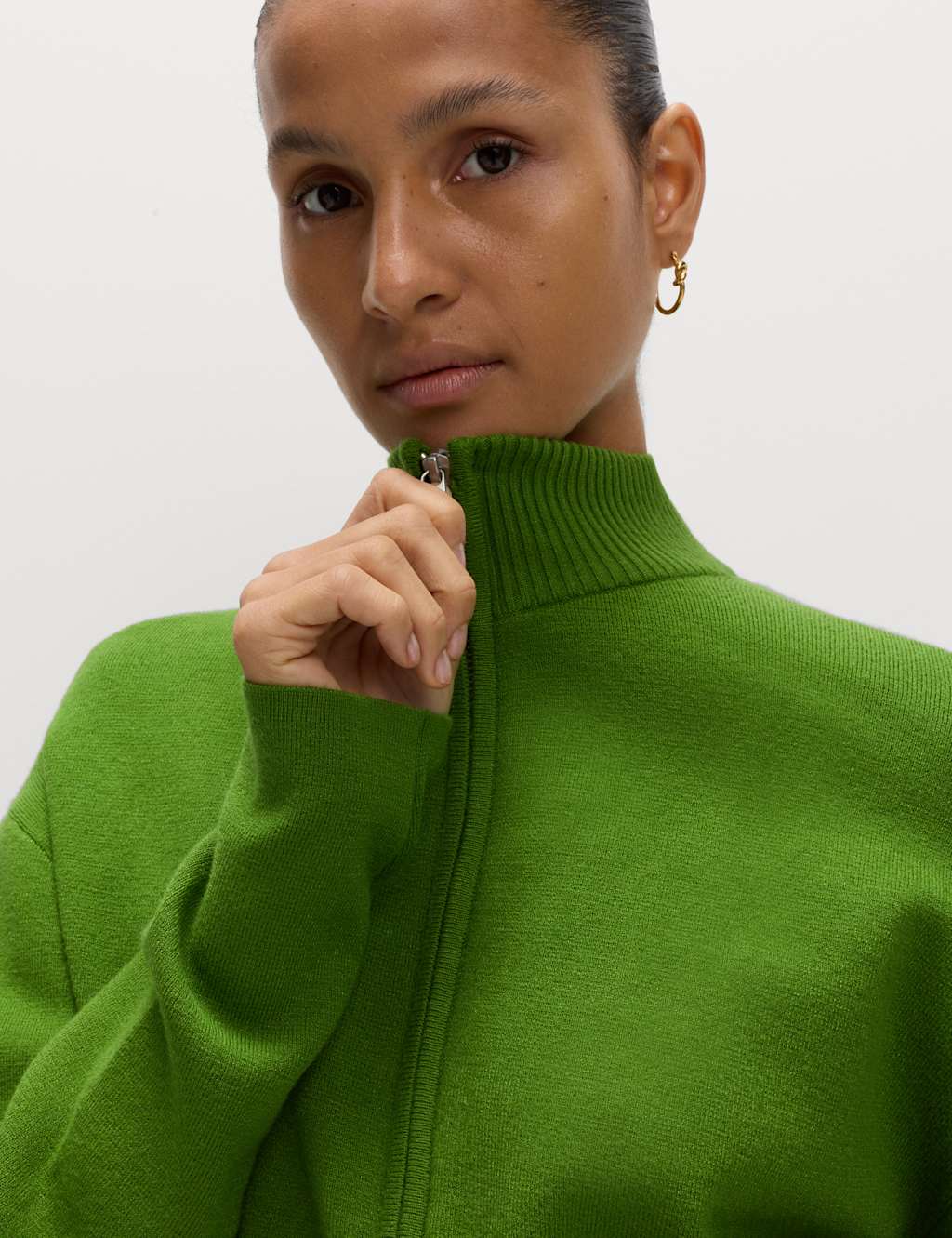 M&S Soft Touch Zip Up Funnel Neck Knitted Jacket Fern Green