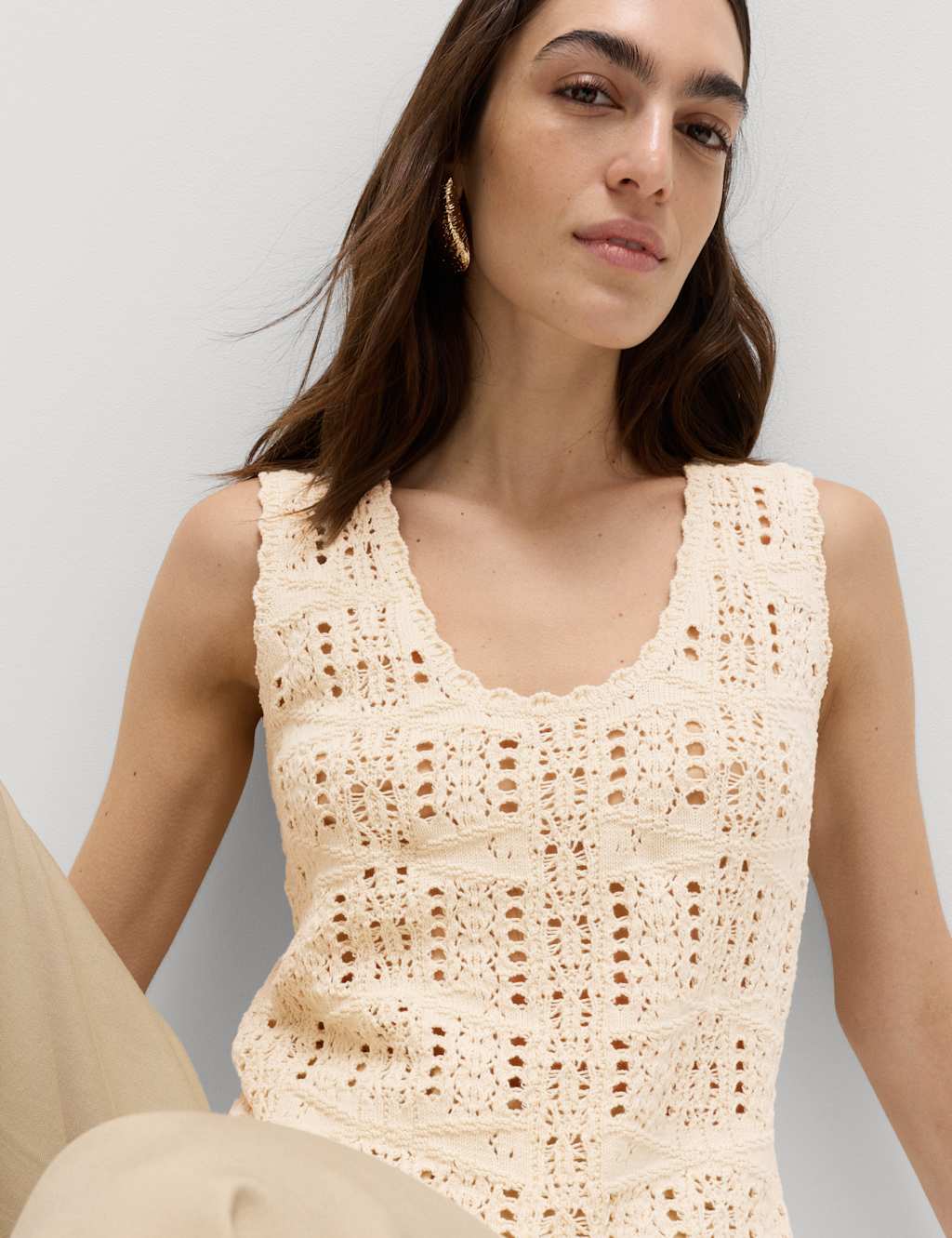 M&S Women's Pure Cotton Pointelle Knitted Vest - Small - Light Natural