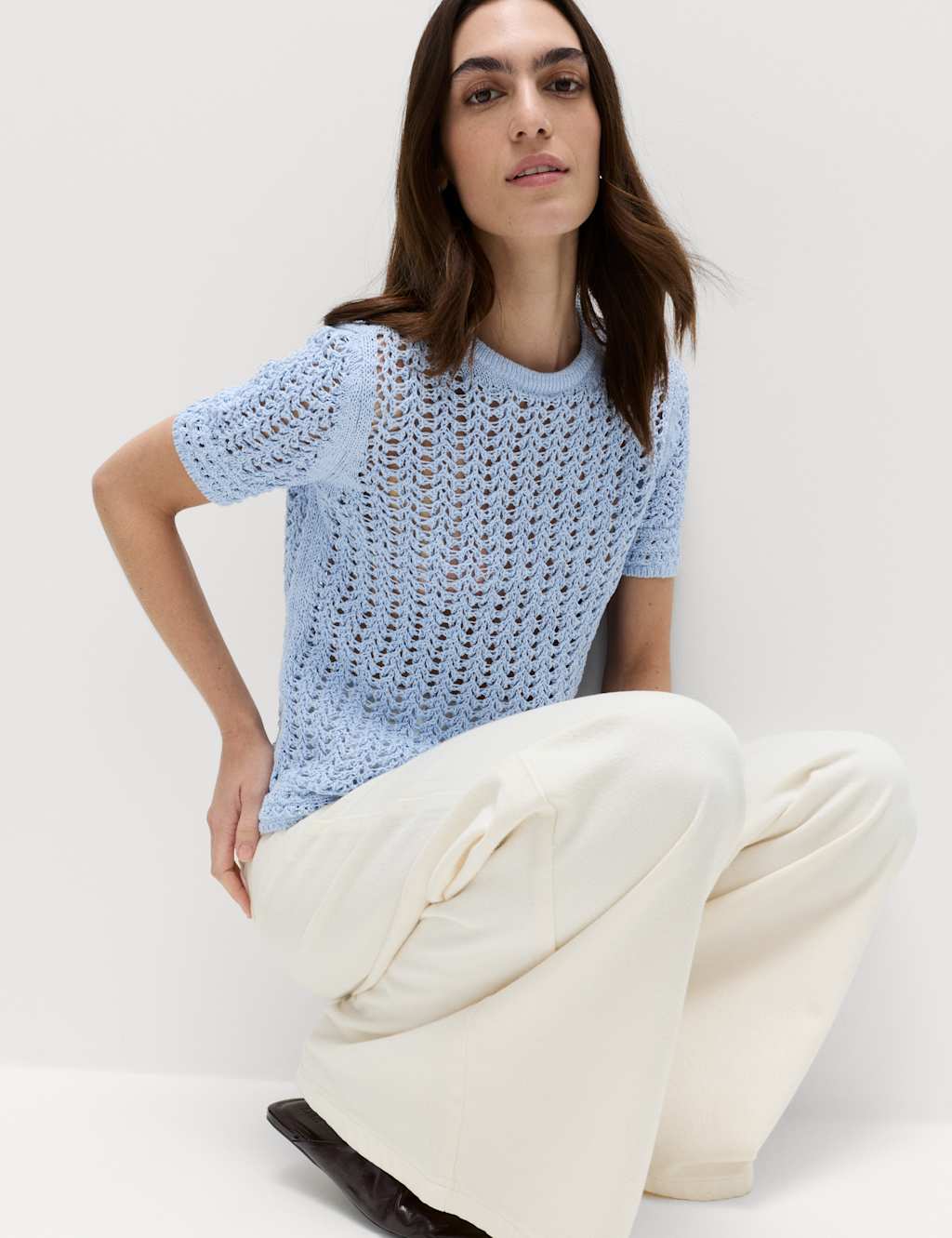 M&S Women's Cotton Rich Textured Knitted Top - Large - Faded Blue