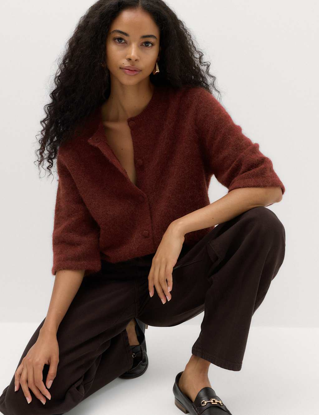 M&S Women's Wool Alpaca Blend Relaxed Fit Cardigan - Small - Rust
