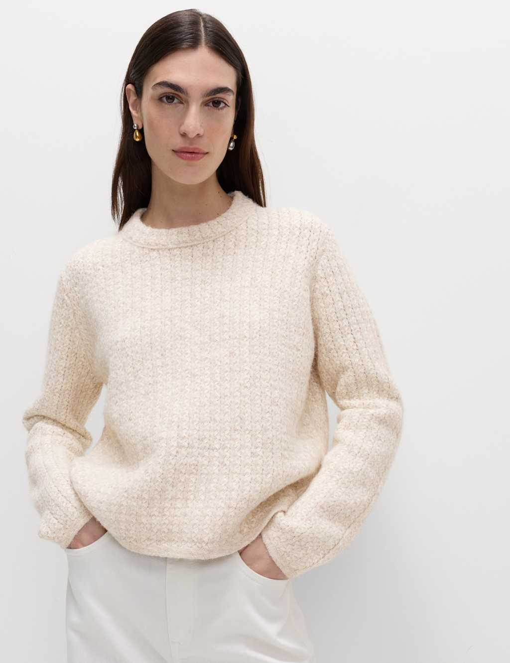 M&S Textured Crew Neck Cropped Jumper With Wool Oatmeal Mix