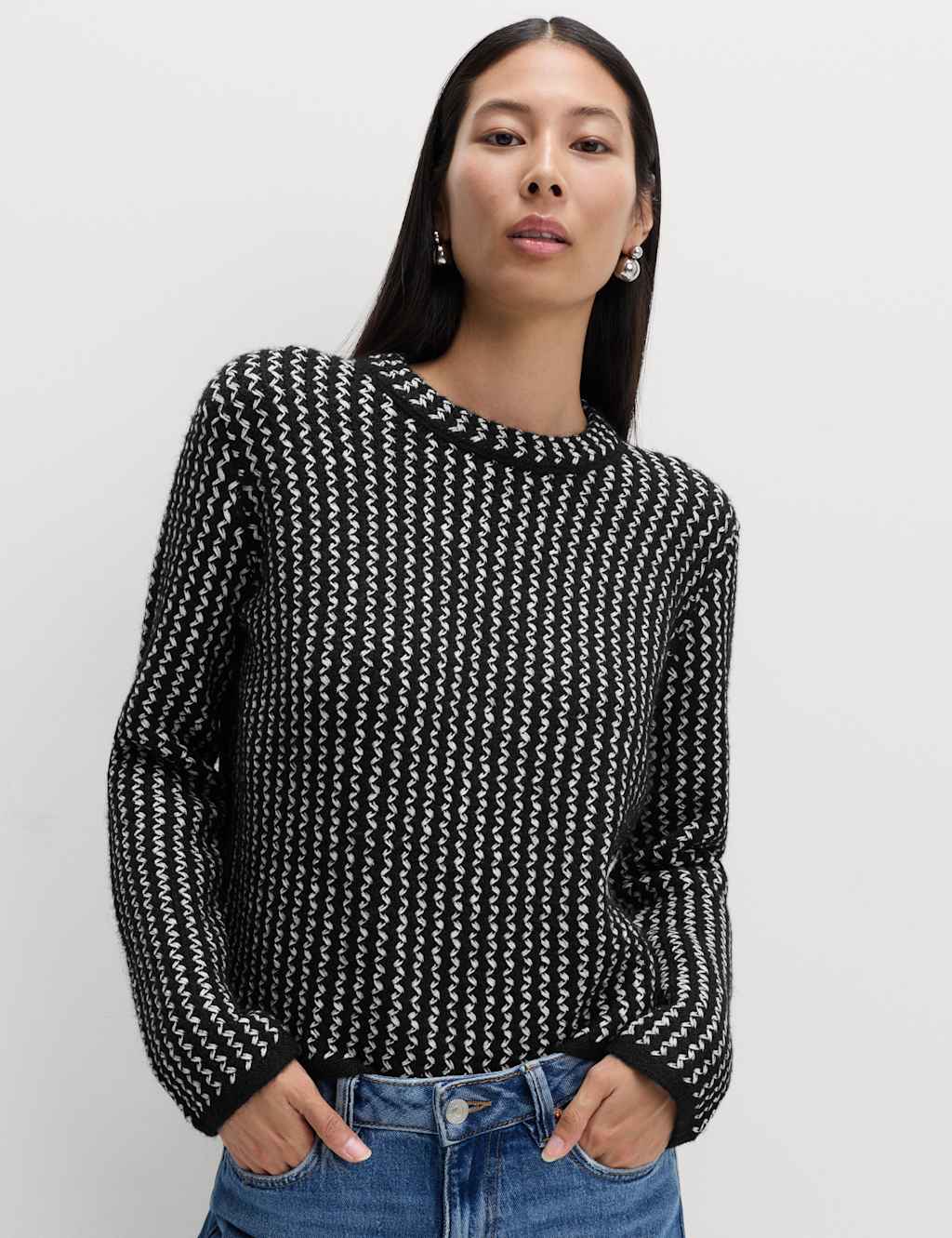 M&S Textured Crew Neck Cropped Jumper With Wool Black Mix