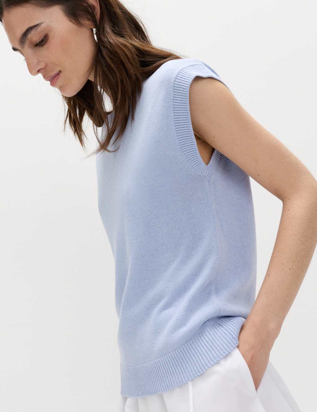 M&S Women's Muscle Knitted Vest With Linen - Medium - Pale Blue