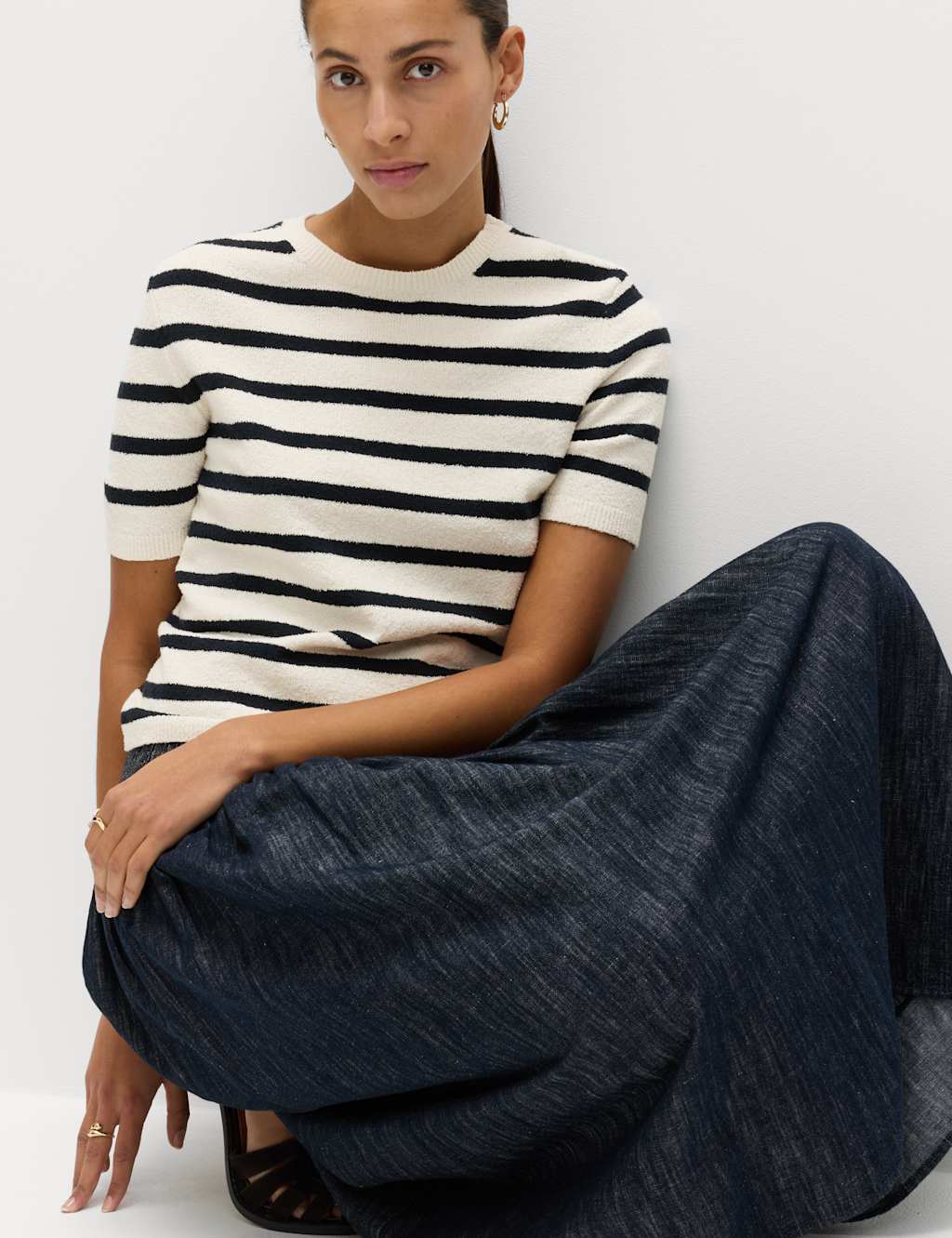 M&S Women's Cotton Rich Striped Bouclé Knitted Top - Small - Ivory Mix