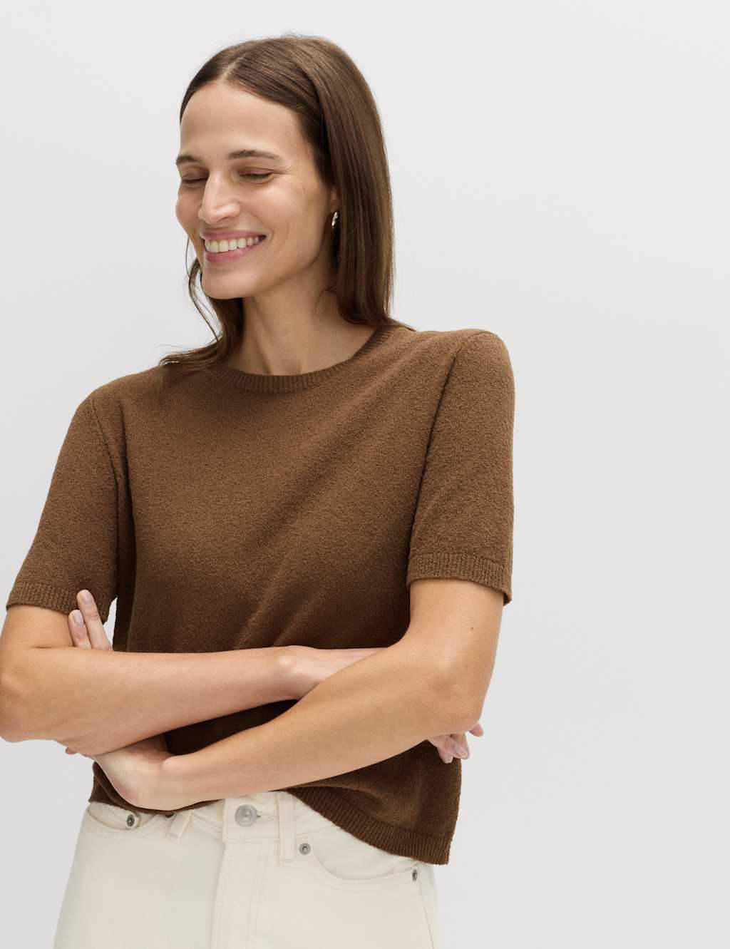 M&S Women's Cotton Rich Boucle Slim Fit Knitted Top - Medium - Olive