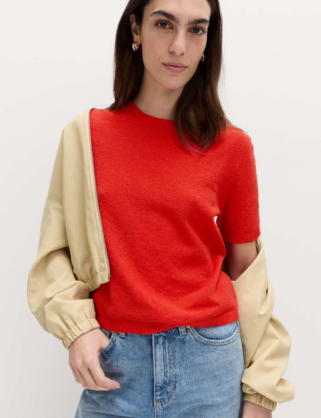 M&S Women's Cotton Rich Boucle Slim Fit Knitted Top - Small - Chilli