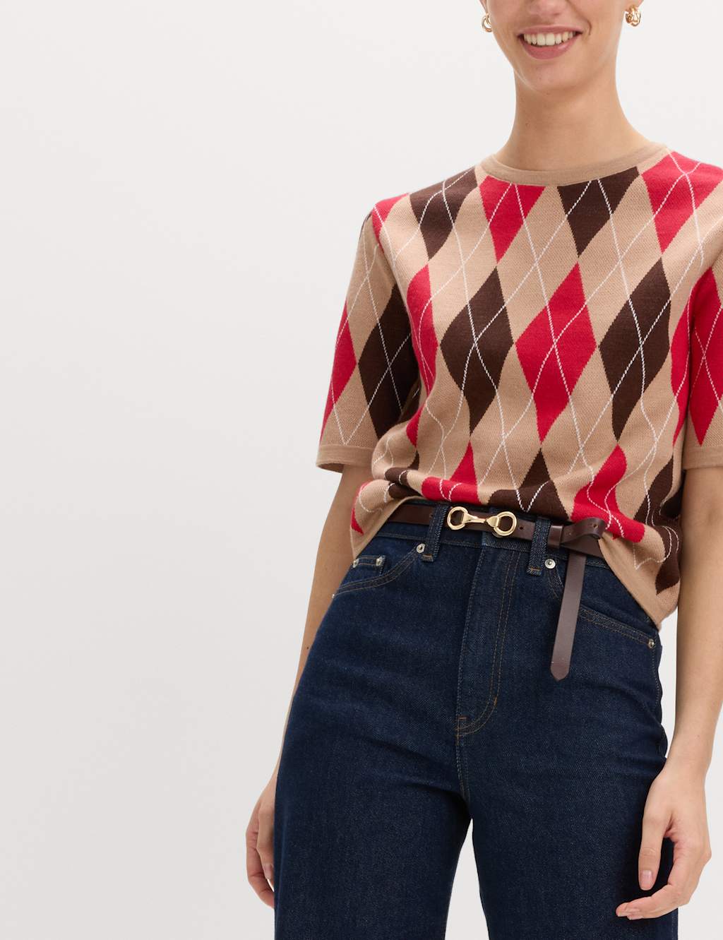 M&S Women's Argyle Crew Neck Slim Fit Knitted Top - Small - Red Mix