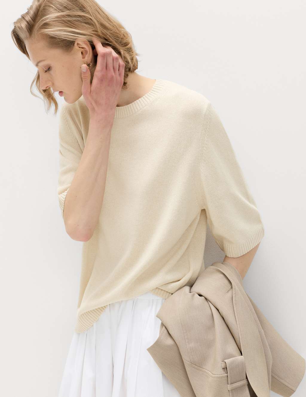M&S Women's Relaxed Fit Knitted Top With Linen - Small - Beige