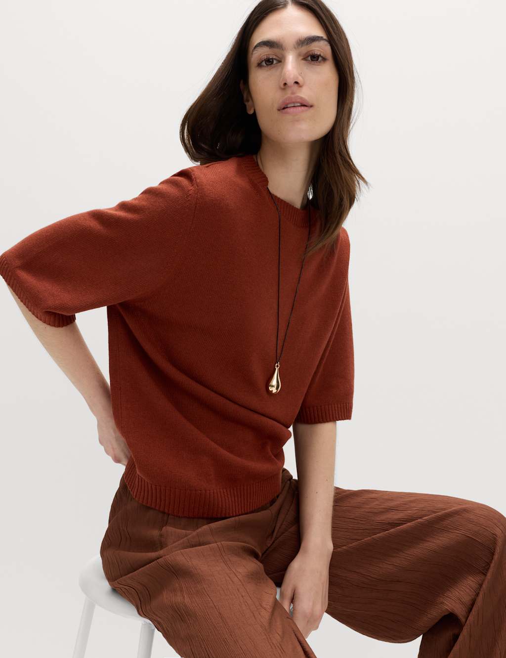 M&S Women's Relaxed Fit Knitted Top With Linen - Medium - Brandy