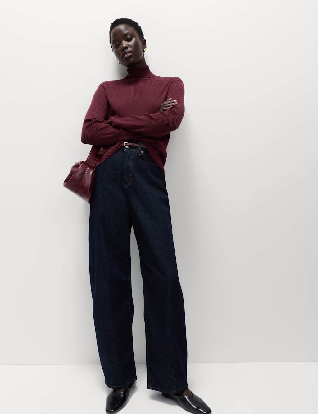 M&S Ribbed Roll Neck Jumper Dark Burgundy