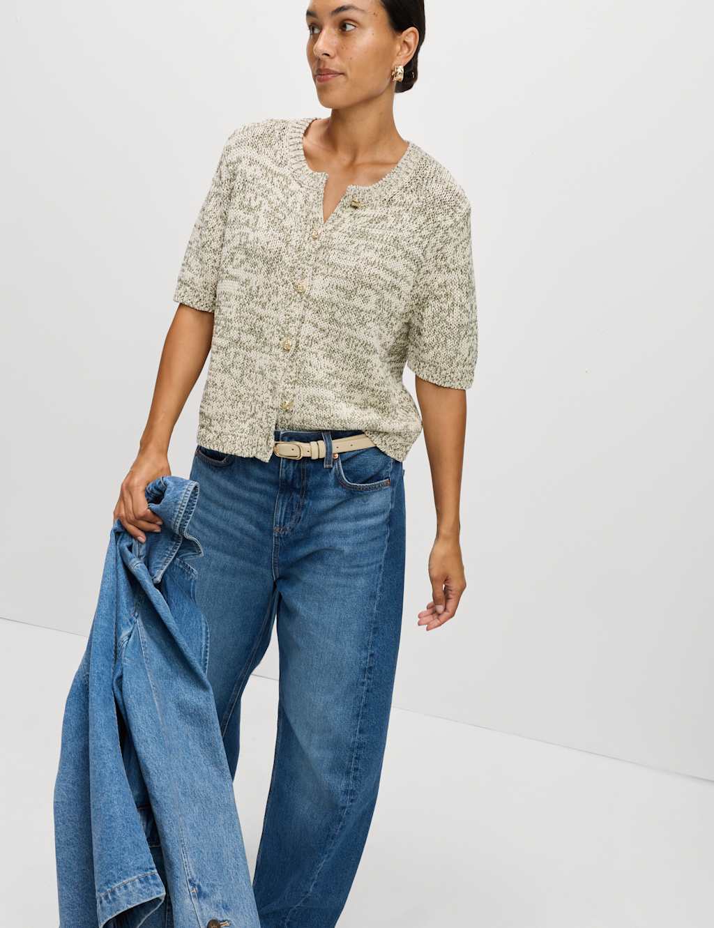 M&S Cotton Blend Metallic Button Front Short Sleeve Cardigan Dark Khaki