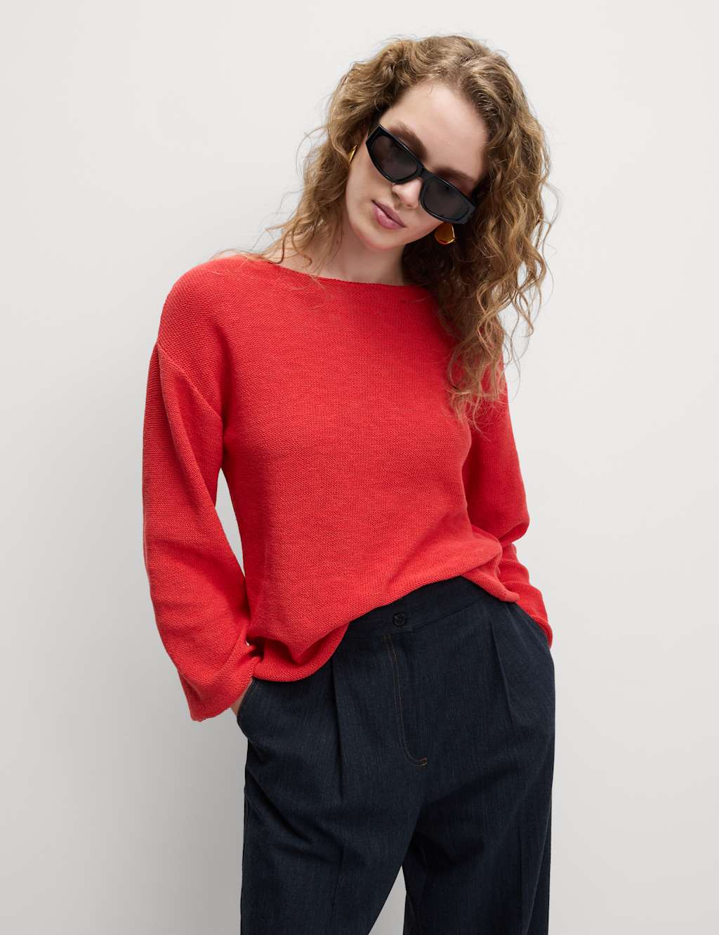 Cotton Blend Textured Crew Neck Jumper
