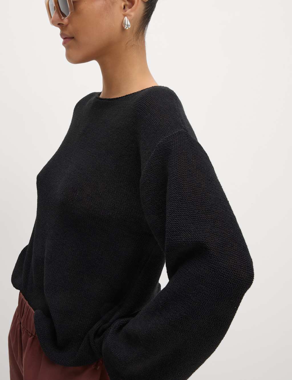 Cotton Blend Textured Crew Neck Jumper