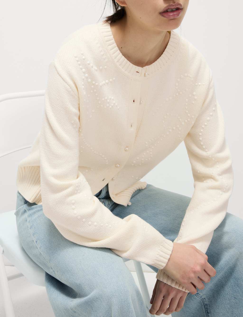 Cotton Rich Embellished Crew Neck Cardigan