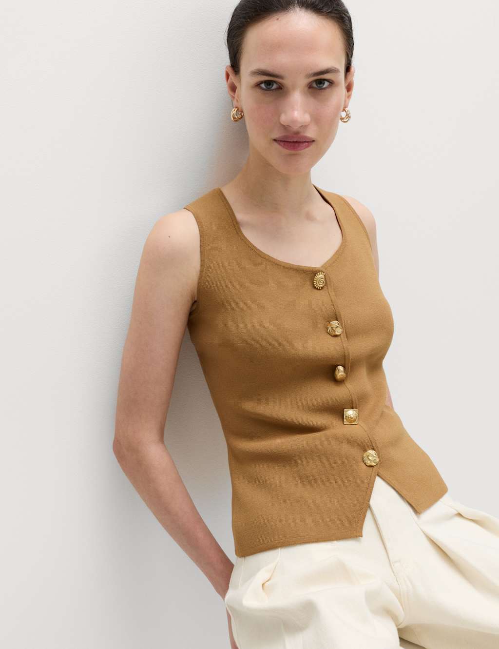 M&S Women's Button Front Slim Fit Knitted Waistcoat - Medium - Dark Sand