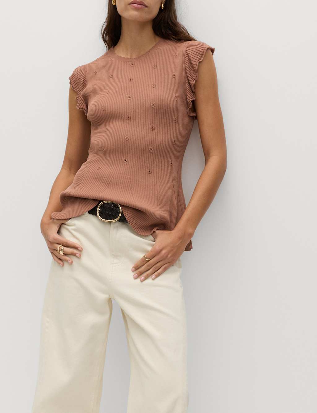 M&S Women's Ribbed Ruffle Peplum Knitted Top - Medium - Mocha