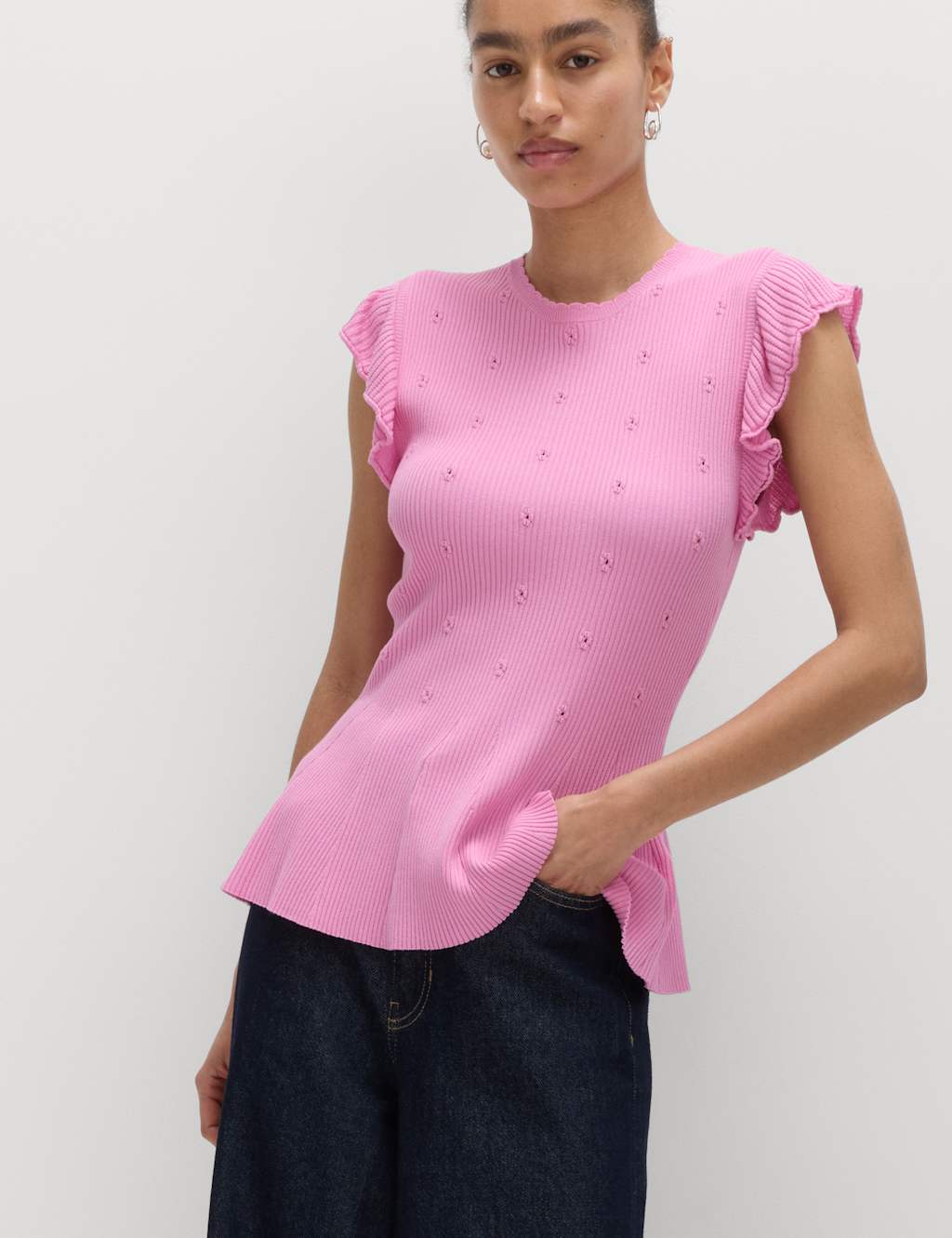 M&S Women's Ribbed Ruffle Peplum Knitted Top - Large - Sugar Pink