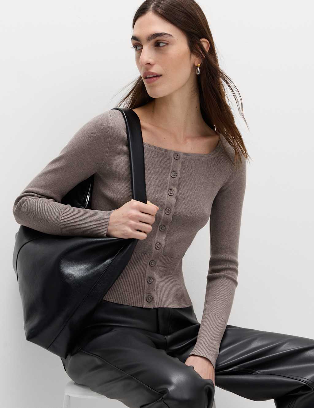 M&S Square Neck Scallop Edge Slim Fit Cardigan Nutmeg