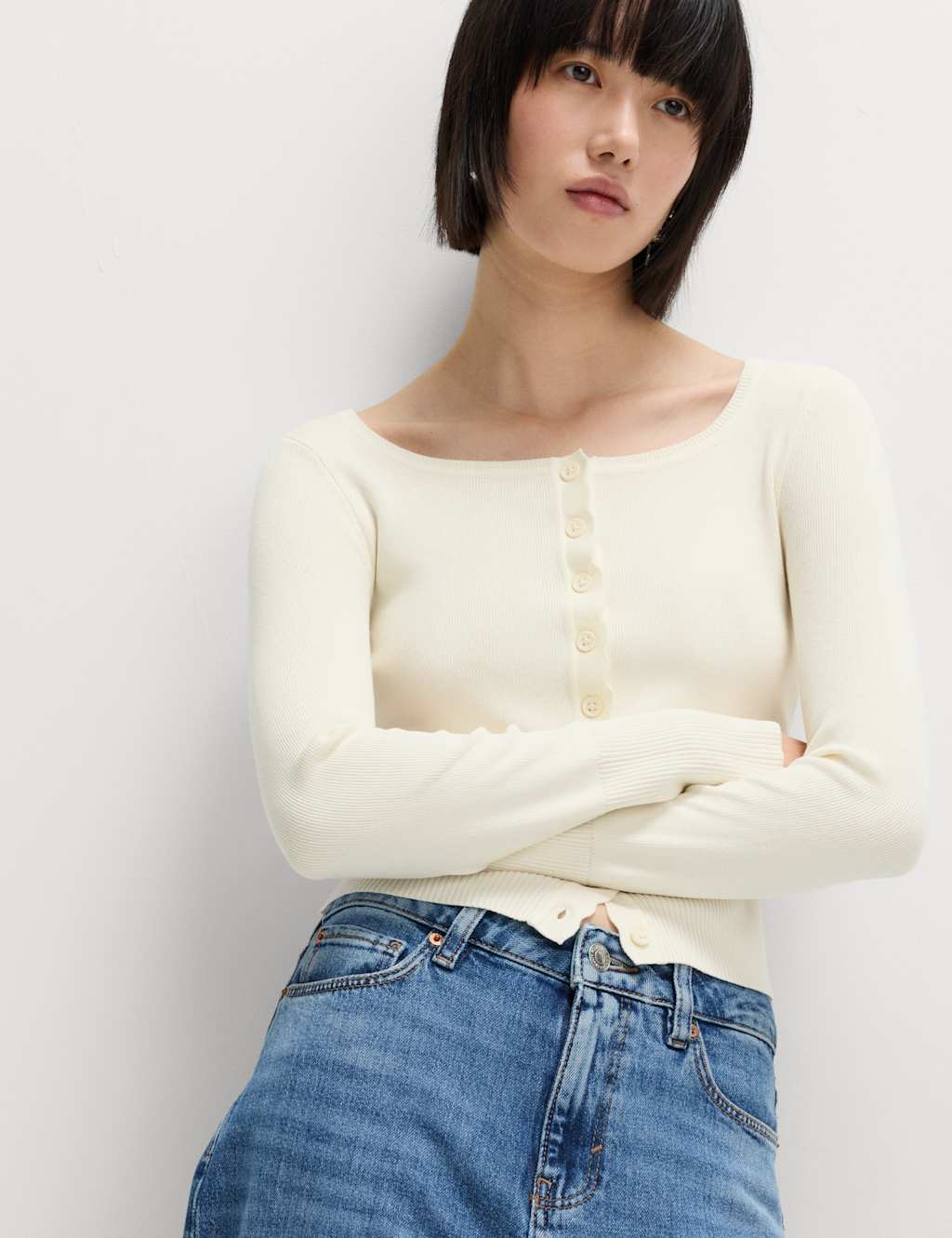 M&S Square Neck Scallop Edge Slim Fit Cardigan Ivory