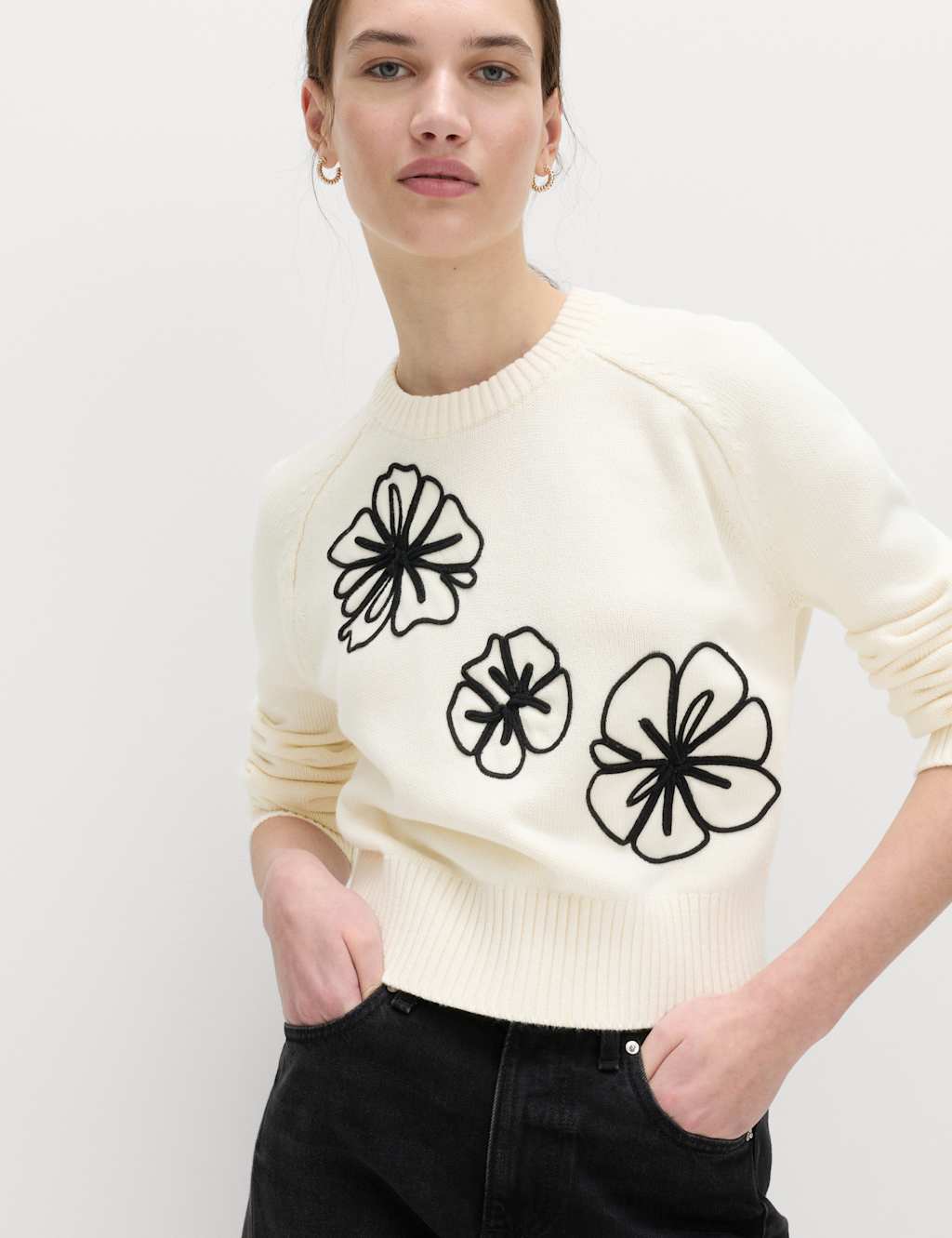 M&S Women's Cotton Rich Embroidered Crew Neck Jumper - Large - White Mix