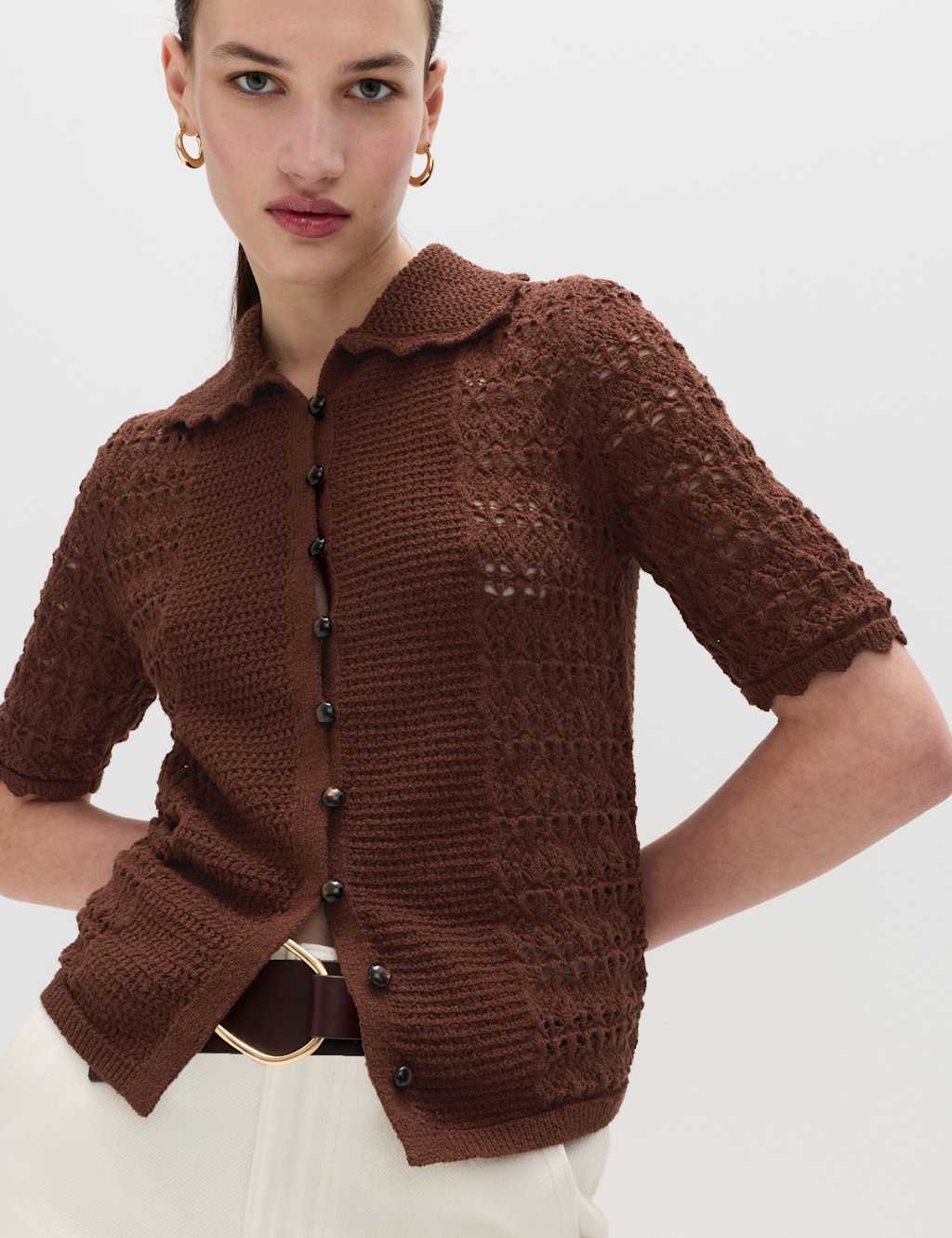 M&S Women's Cotton Blend Open Stitch Cardigan - Large - Conker