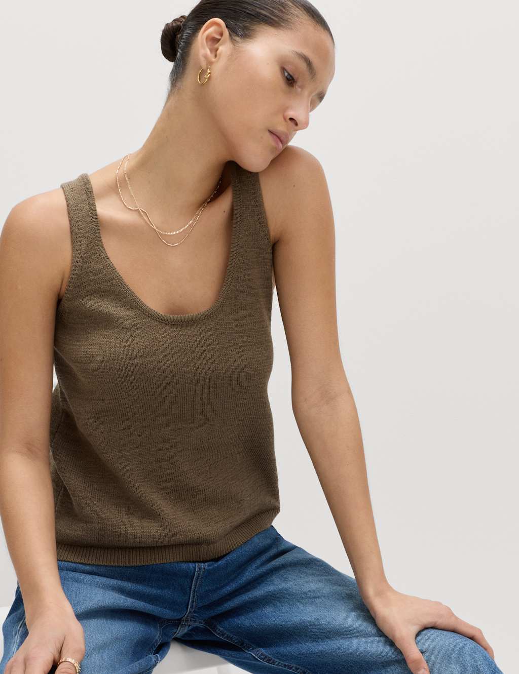 M&S Women's Cotton Blend Textured Scoop Neck Knitted Vest - Small - Olive
