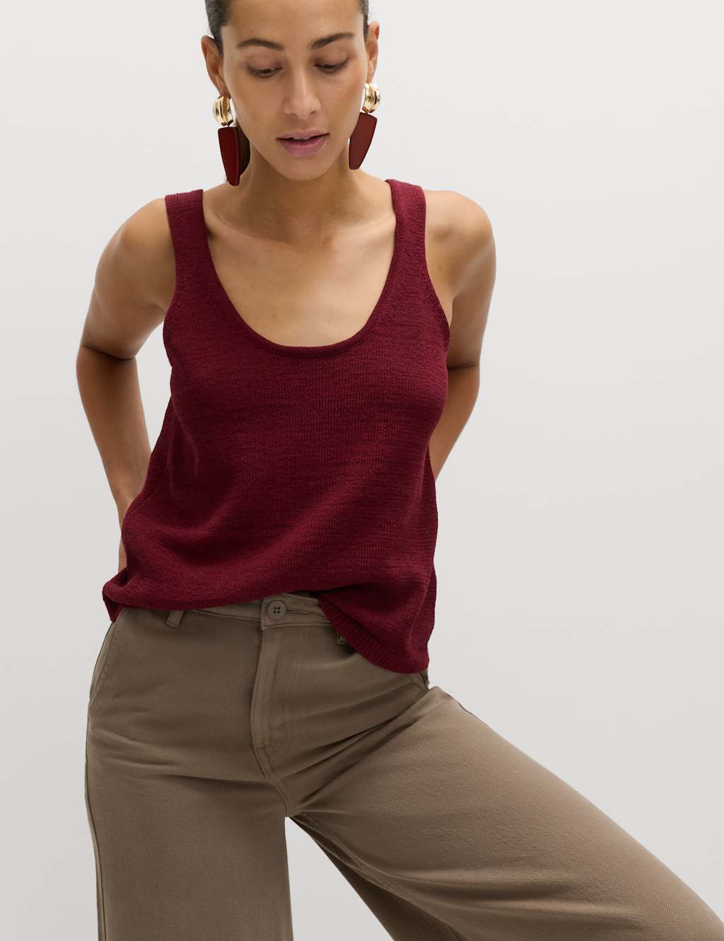 M&S Women's Cotton Blend Textured Scoop Neck Knitted Vest - Medium - Dark Claret