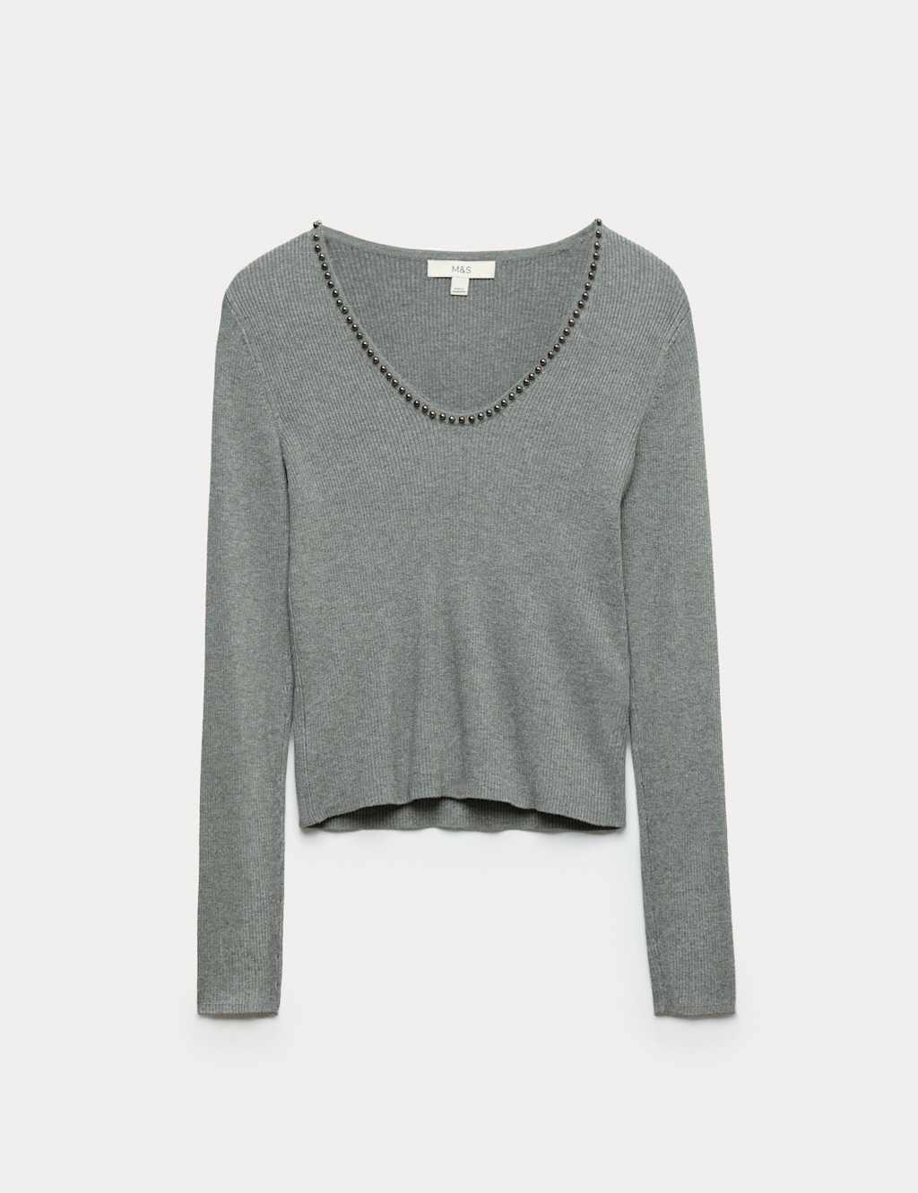 M&S Embellished Scoop Neck Knitted Top Mid Grey