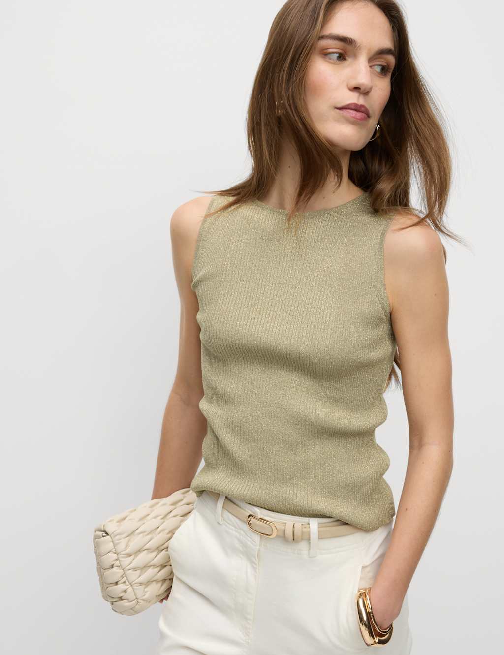 Metallic Ribbed Crew Neck Cropped Vest Top