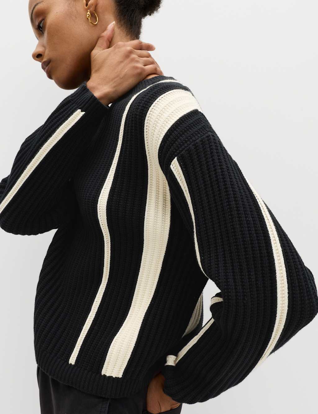 M&S Women's Cotton Rich Striped Ribbed Relaxed Jumper - Large - Black Mix