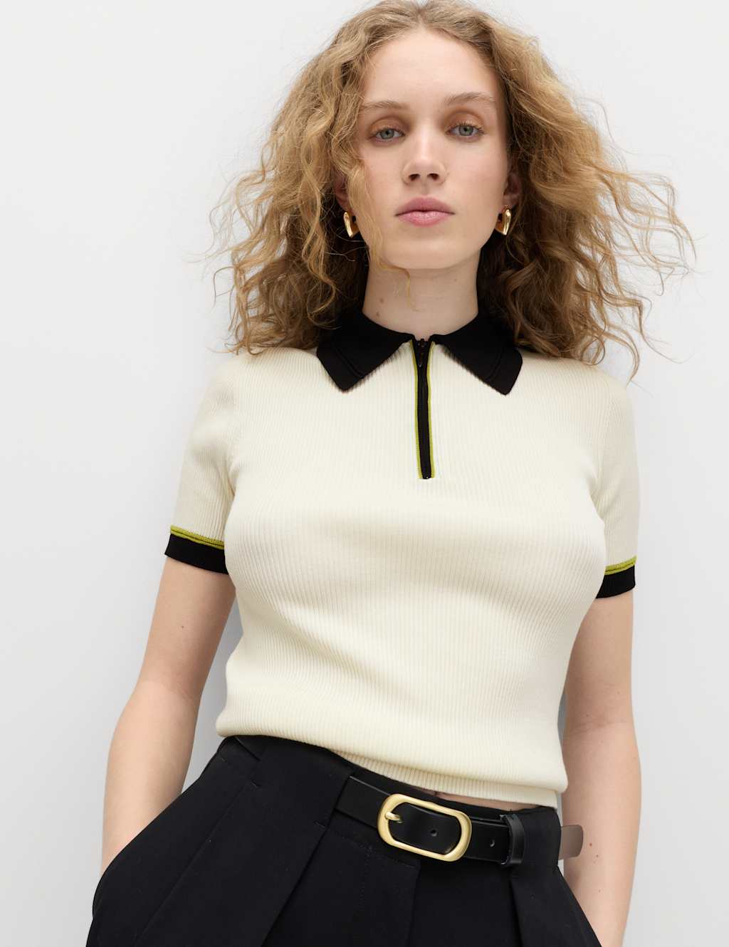 M&S Women's Collared Half Zip Fitted Knitted Top - Small - Ivory Mix