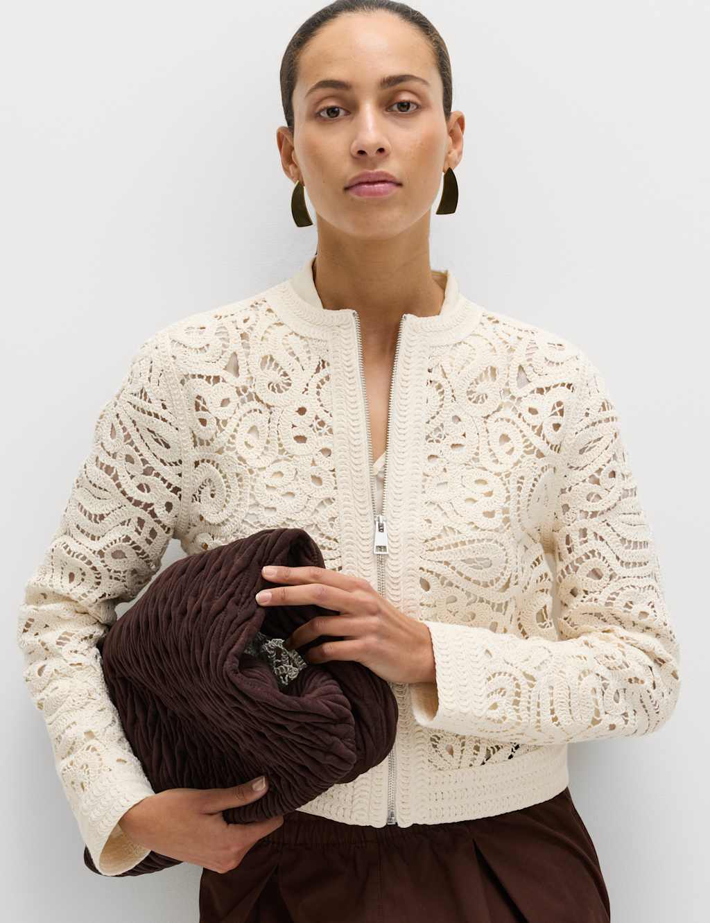 M&S Women's Cotton Rich Textured Cropped Knitted Jacket - Large - Cream