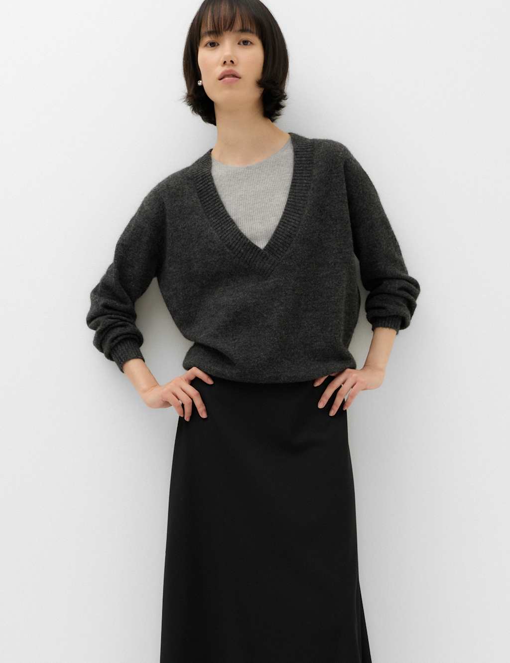 M&S Women's Ribbed V-Neck Double Layer Jumper with Wool - Large - Grey Mix